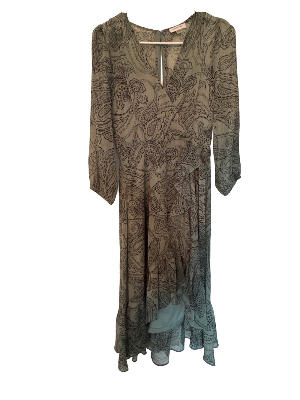 Calvin Klein Olive Paisley Midi Dress with Long Sleeves